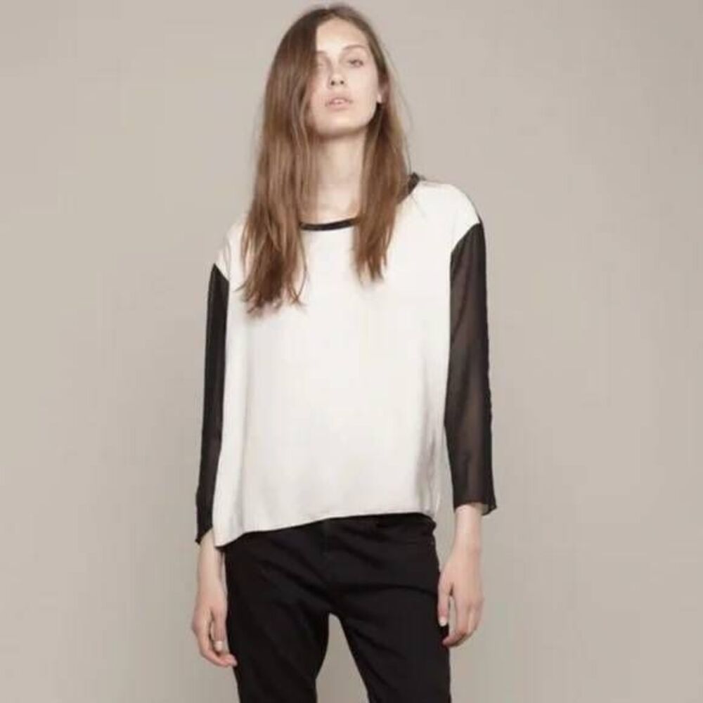 Rag & Bone Cream Black Tee Small Basic Designer Luxury Minimalist Neutral